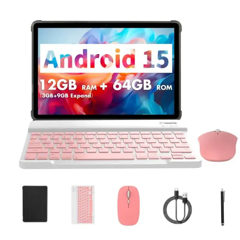 25.4 cm LCD Touchscreen Tablet with 16 GB (4 GB + 12 GB Expanded) RAM, 64 GB ROM, Android 15, Portable Bluetooth Keyboard and Mouse Set for Home Office and Gifting