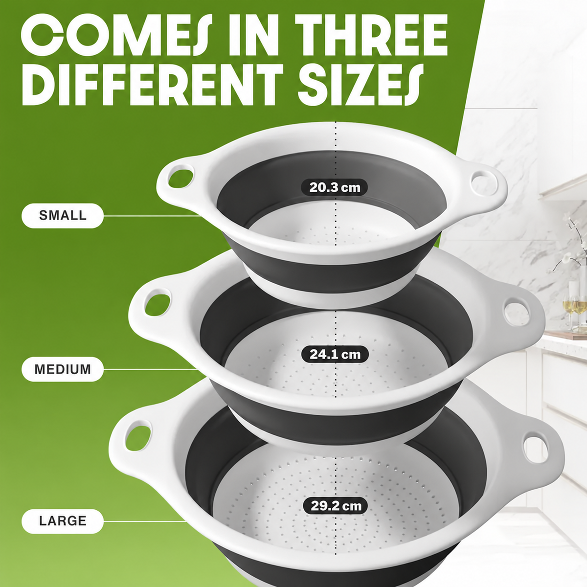 Collapsible Colanders 3-Pack – Sturdy Kitchen Strainer Set with Compact Over-Sink Self-Drainage Base, 3 Sizes (2.8 L, 3.8 L and 4.7 L), White