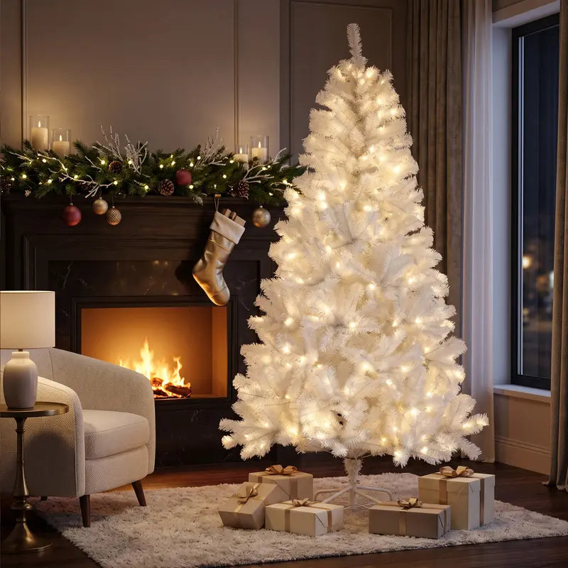 Pre-Lit Snow-Flocked Artificial Christmas Tree – 250 Warm White LED Lights, 8 Lighting Modes, Full Branches and Sturdy Foldable Metal Stand