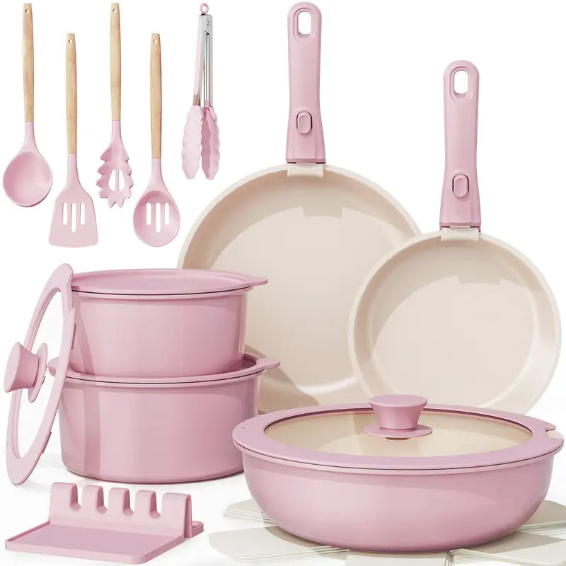 20-Piece Non-Stick Aluminium Pots and Pans Set with Detachable Handle – Oven-Safe, Dishwasher-Safe and Stackable Cookware for Modern Kitchens and Motorhomes
