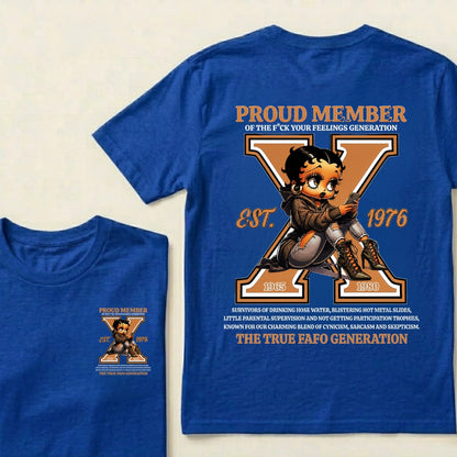 Custom EST.Year Proud Member Of The Fuck Your Feelings Generation X Betty Boop Graphic T‑Shirt