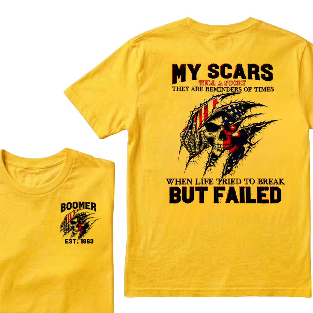 Custom EST.Year & My Scars Tell A Story Double-Sided Patriotic Skull T-Shirt