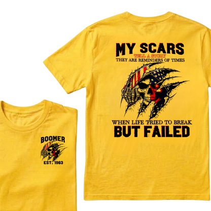 Custom EST.Year & My Scars Tell A Story Double-Sided Patriotic Skull T-Shirt
