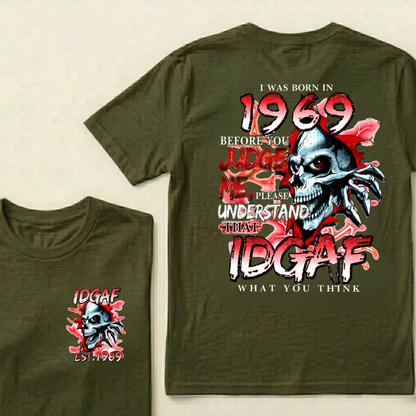Custom EST.Year I Was Born In 1969 IDGAF What You Think Skull Graphic T‑Shirt