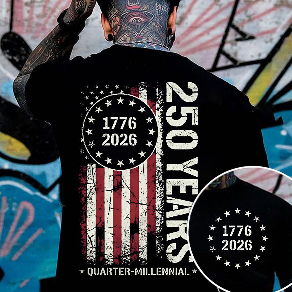 250 Years of Independence Vintage American Flag Back Print T-Shirt