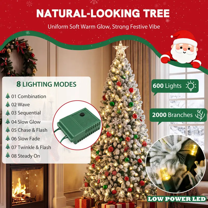 Pre-Lit Snow-Flocked Artificial Christmas Tree – 250 Warm White LED Lights, 8 Lighting Modes, Full Branches and Sturdy Foldable Metal Stand