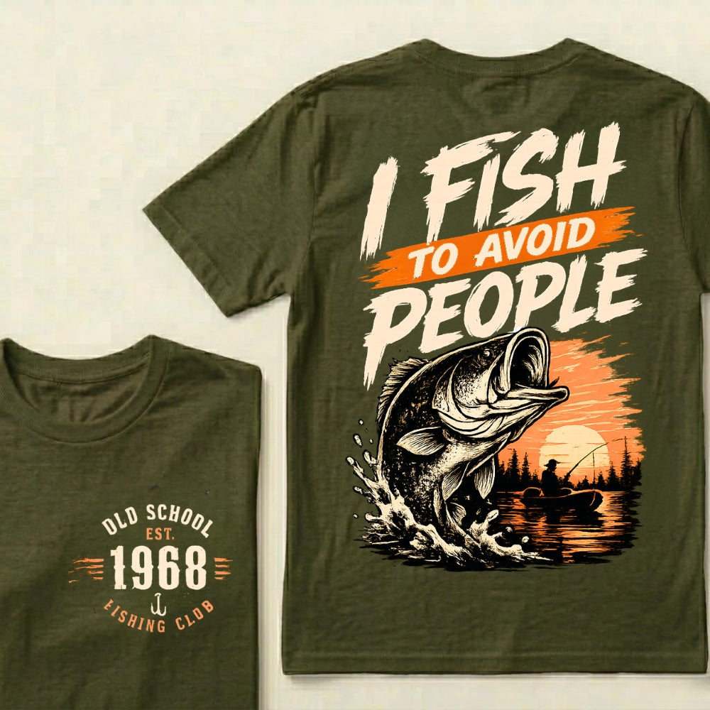 Custom EST.Year I Fish To Avoid People Old School 1968 Bass Fishing Sunset Lake Graphic T-Shirt