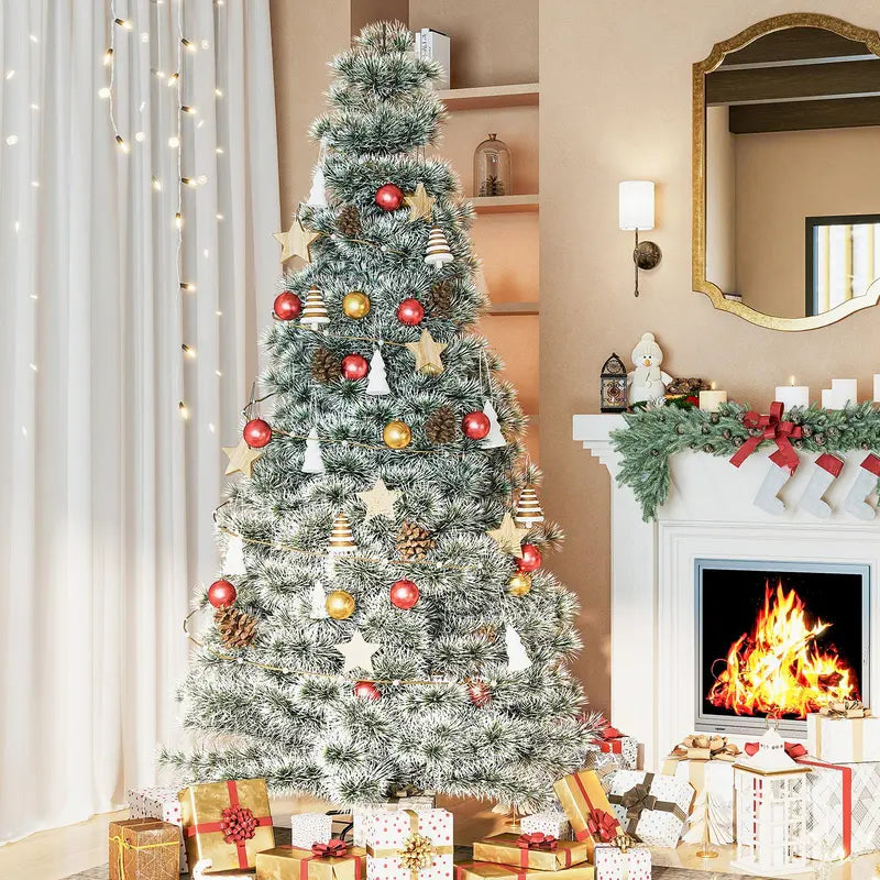 Pre-Lit Snow-Flocked Artificial Christmas Tree – 250 Warm White LED Lights, 8 Lighting Modes, Full Branches and Sturdy Foldable Metal Stand