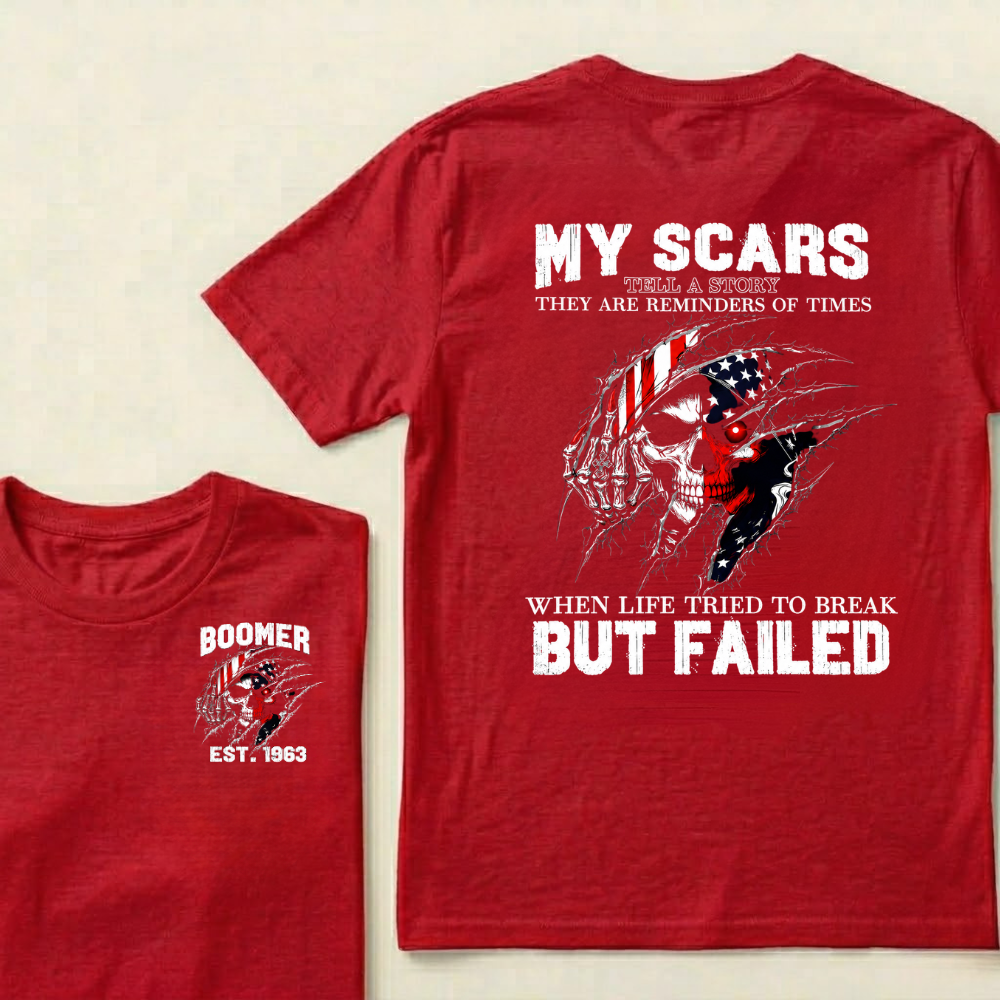 Custom EST.Year & My Scars Tell A Story Double-Sided Patriotic Skull T-Shirt