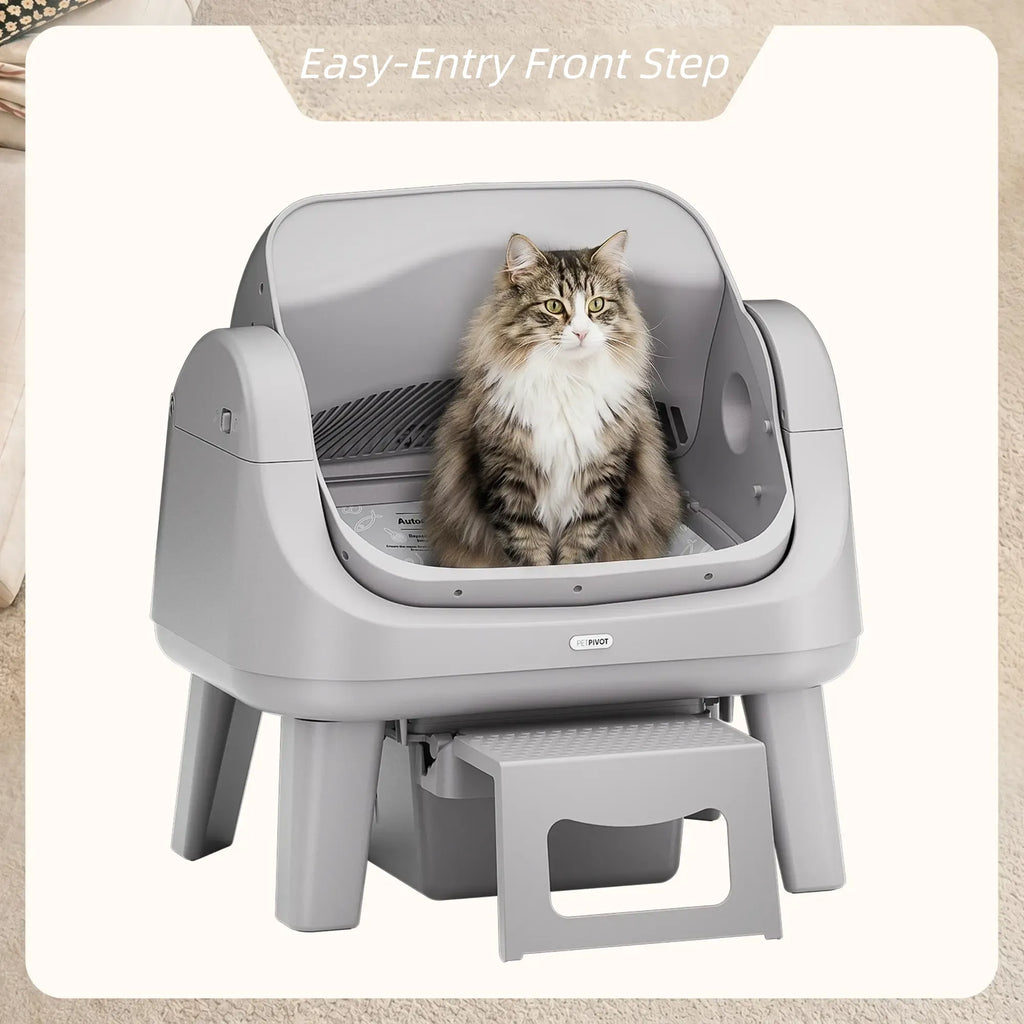 Open-Top Automatic Self-Cleaning Cat Litter Box – Easy-Entry Front Step, Triple Safety Protection and App-Free Operation