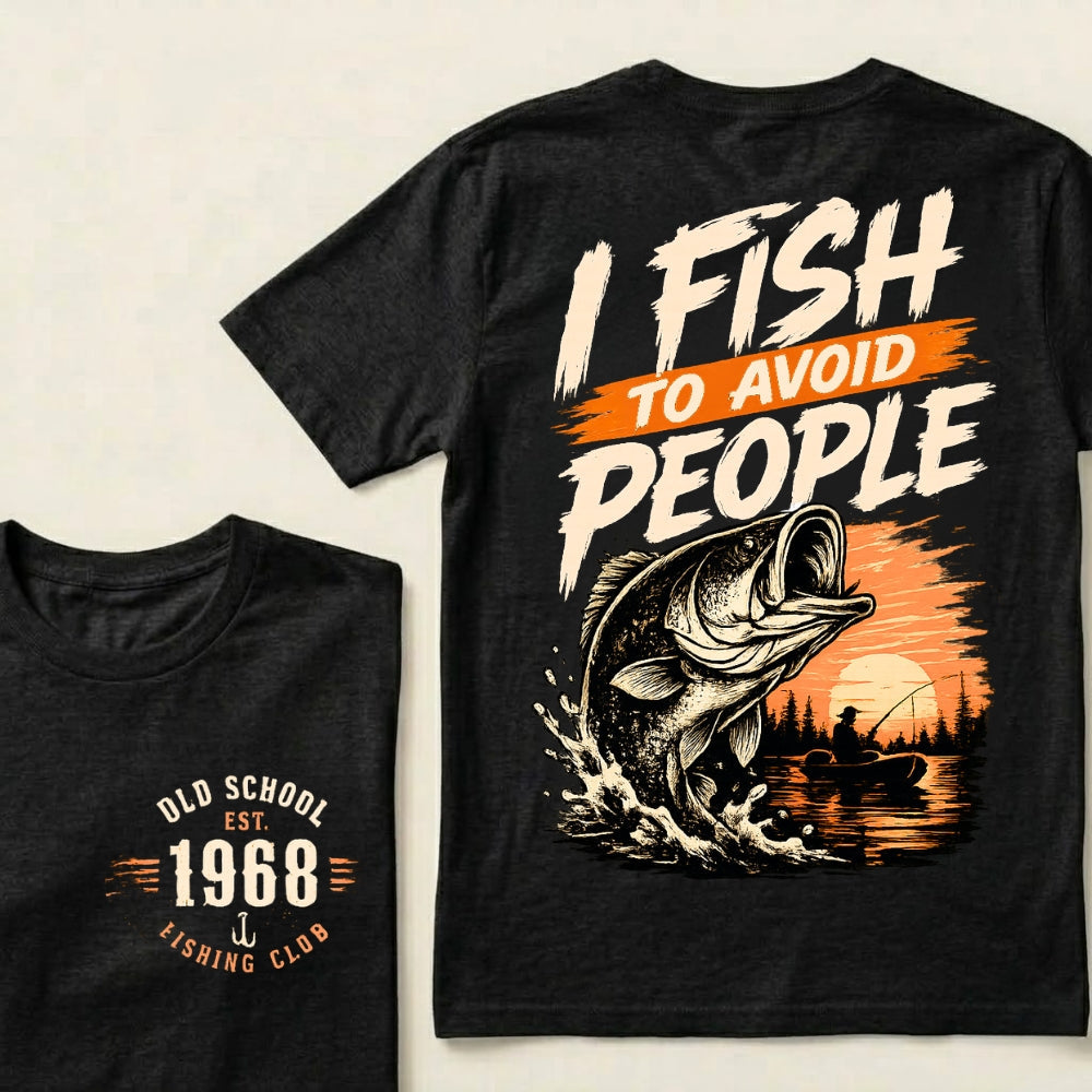 Custom EST.Year I Fish To Avoid People Old School 1968 Bass Fishing Sunset Lake Graphic T-Shirt