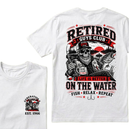 Custom EST.Year Retired Guys Club Life Is Better On The Water Fish Relax Repeat No Boss No Alarm No Problem Skeleton Fisherman Graphic T-Shirt
