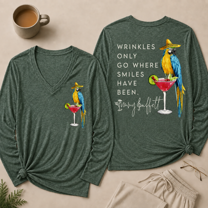 Wrinkles Only Go Where Smiles Have Been V Neck Long Sleeve Shirt