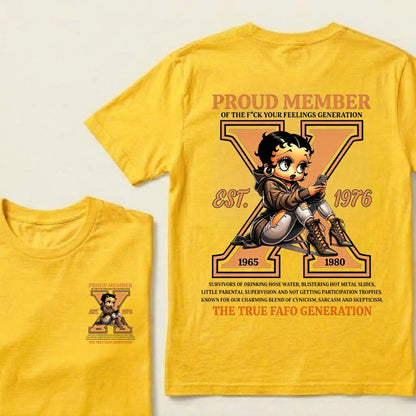 Custom EST.Year Proud Member Of The Fuck Your Feelings Generation X Betty Boop Graphic T‑Shirt