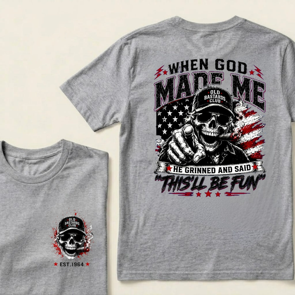 Custom EST.Year When God Made Me He Grinned And Said This'll Be Fun Old Bastards Club Skull American Flag Graphic T-Shirt