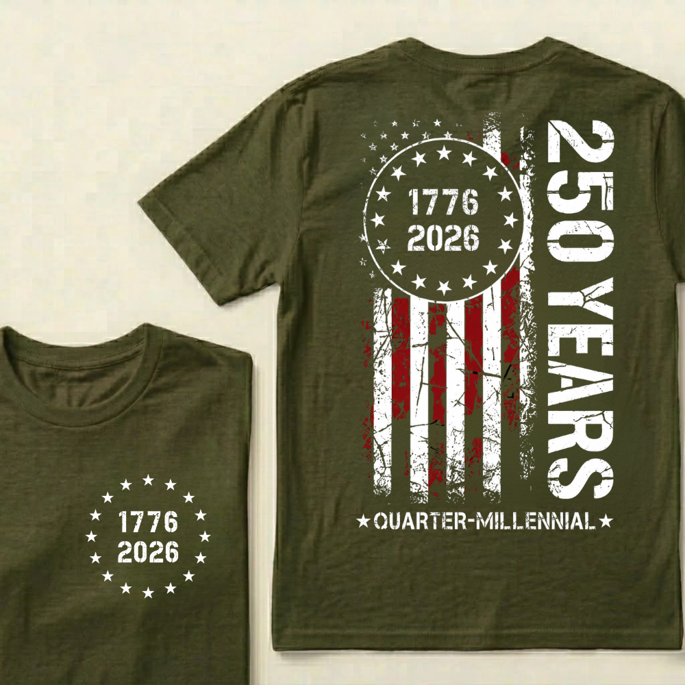 250 Years of Independence Vintage American Flag Back Print T-Shirt