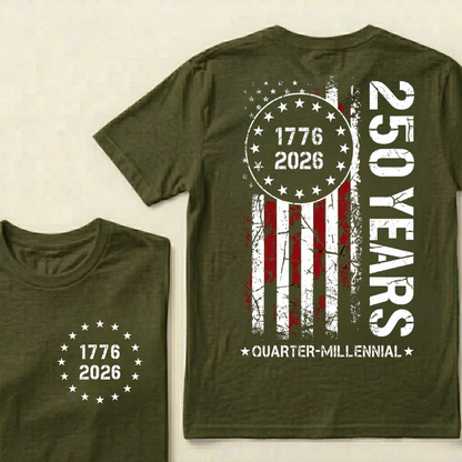 250 Years of Independence Vintage American Flag Back Print T-Shirt