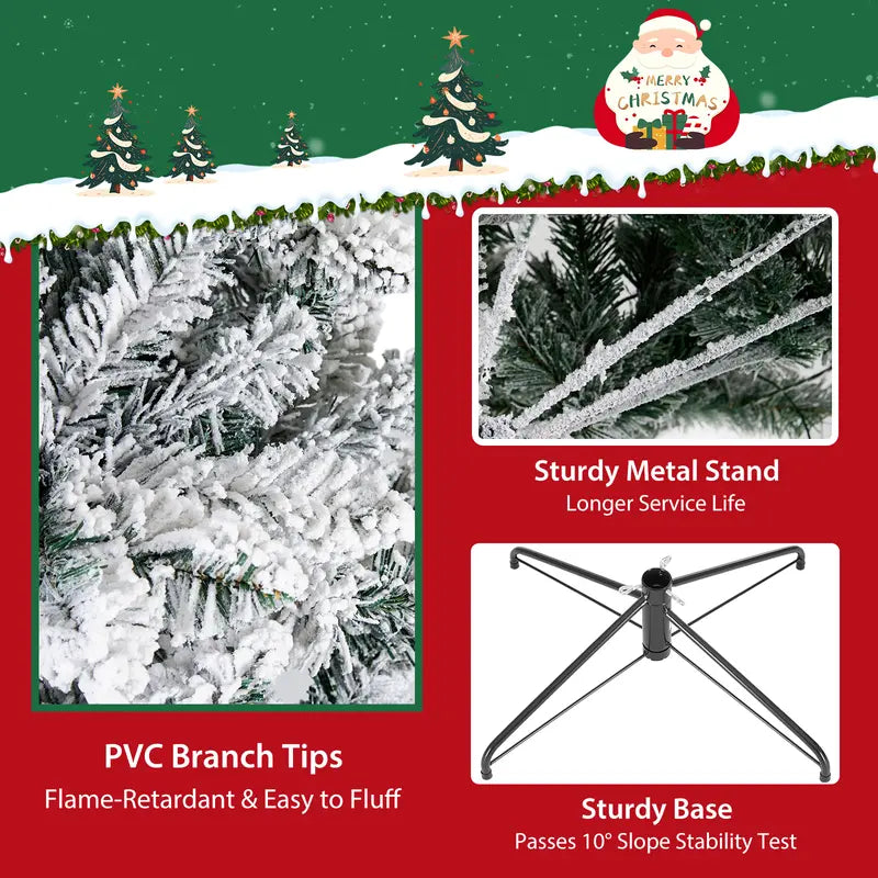 Pre-Lit Snow-Flocked Artificial Christmas Tree – 250 Warm White LED Lights, 8 Lighting Modes, Full Branches and Sturdy Foldable Metal Stand